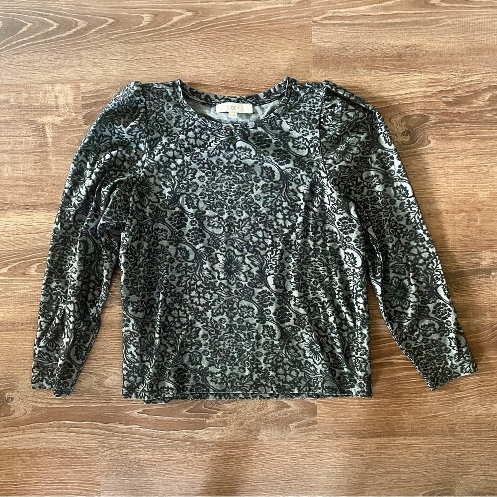 LOFT Textured Damask Scroll Floral Long Sleeve Top Large Petite LP Black